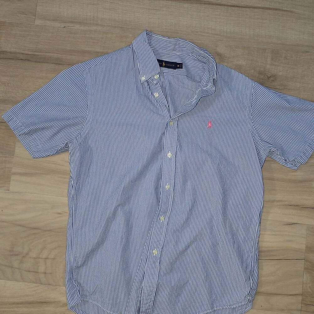 Polo Ralph Lauren Seersucker Button Up Shirt Blue/White Striped Short Sleeve